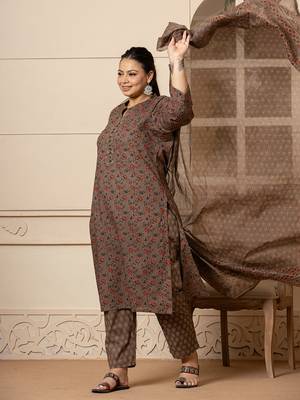  cotton grey plus size kurta dupatta pant set 2