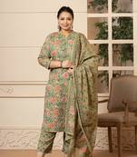 Yufta cotton olive floral print plus size kurta dupatta pant set