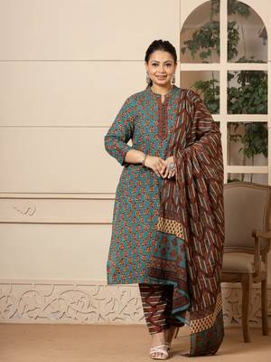  floral print teal blue cotton plus size kurta set with dupatta set 1