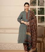  floral print teal blue cotton plus size kurta set with dupatta set