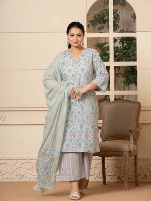  sky blue pure cotton straight plus size kurta with palazzo dupatta set 1