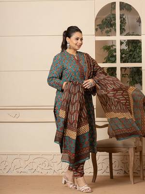 floral print teal blue cotton plus size kurta set with dupatta set 2