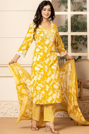 mustard embroidery cotton straight kurta dupatta set