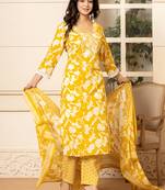  mustard embroidery cotton straight kurta dupatta set