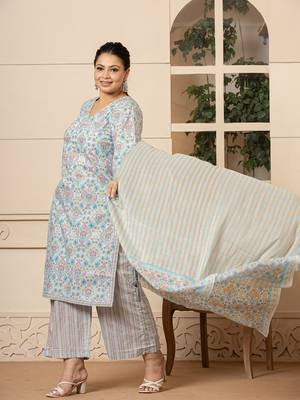  sky blue pure cotton straight plus size kurta with palazzo dupatta set 2