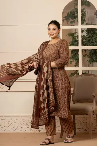  cotton brown kantha work plus size kurta dupatta pant set