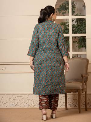  floral print teal blue cotton plus size kurta set with dupatta set 3
