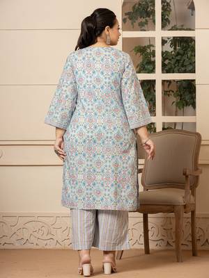  sky blue pure cotton straight plus size kurta with palazzo dupatta set 3