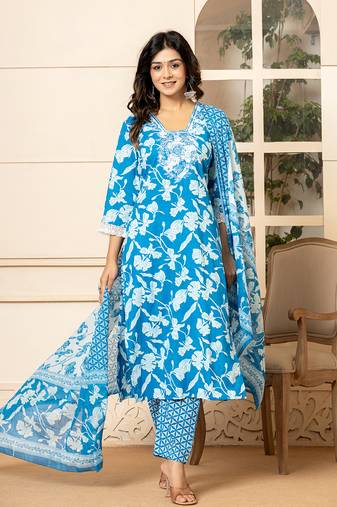  blue embroidery cotton straight kurta dupatta set