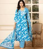  blue embroidery cotton straight kurta dupatta set