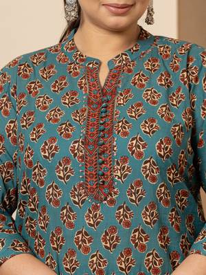  floral print teal blue cotton plus size kurta set with dupatta set 4