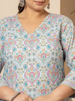  sky blue pure cotton straight plus size kurta with palazzo dupatta set 4