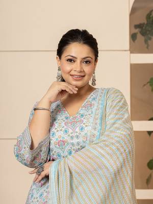  sky blue pure cotton straight plus size kurta with palazzo dupatta set 5