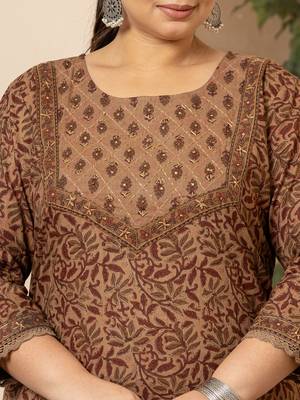  cotton brown kantha work plus size kurta dupatta pant set 4
