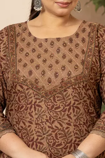  cotton brown kantha work plus size kurta dupatta pant set