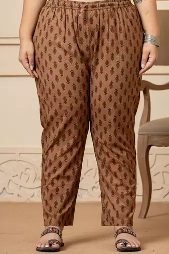  cotton brown kantha work plus size kurta dupatta pant set