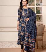  cotton navy blue anarkali dupatta set