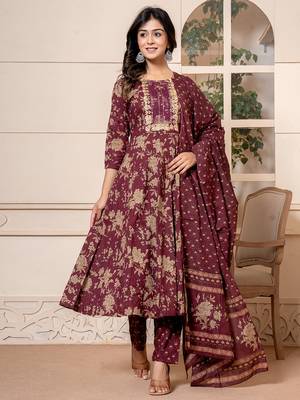  cotton burgundy anarkali dupatta set 1