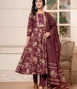  cotton burgundy anarkali dupatta set