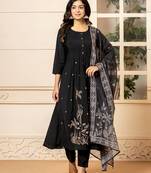 Yufta black embroidered a-line kurta dupatta pant set