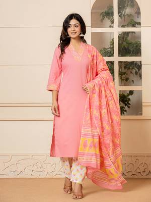  pink cotton embroidered kurta dupatta set 1
