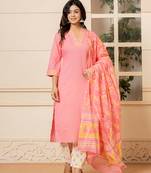  pink cotton embroidered kurta dupatta set