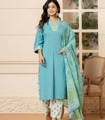  teal cotton embroidered kurta dupatta set