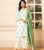  white and teal blue cotton floral print kurta dupatta set