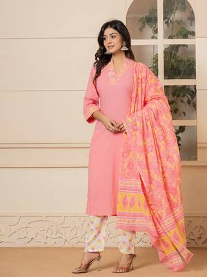  pink cotton embroidered kurta dupatta set 2