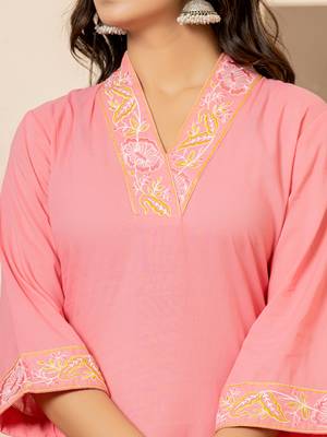 pink cotton embroidered kurta dupatta set 4