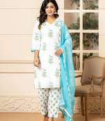  white and sky blue cotton floral print kurta dupatta set
