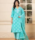  sky blue sequins work pure cotton straight kurta dupatta set