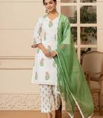  white and red cotton floral print kurta dupatta set