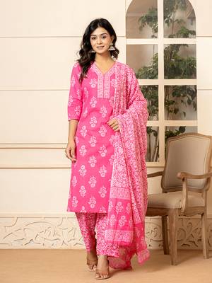  pink sequins work pure cotton straight kurta dupatta set 1