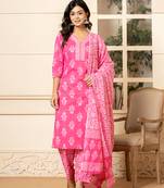  pink sequins work pure cotton straight kurta dupatta set