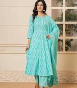  turquoise embroidered pure cotton anarkali kurta trouser with dupatta set