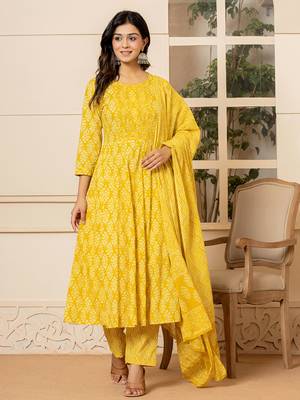  yellow embroidered pure cotton anarkali kurta trouser with dupatta set 1