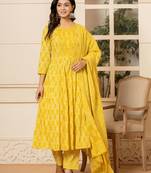  yellow embroidered pure cotton anarkali kurta trouser with dupatta set