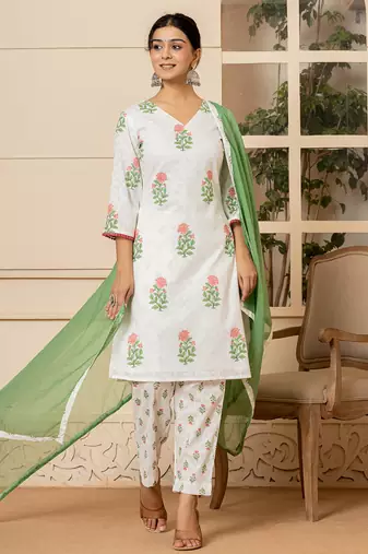  white and red cotton floral print kurta dupatta set