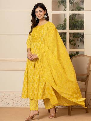  yellow embroidered pure cotton anarkali kurta trouser with dupatta set 2