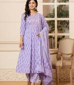  purple embroidered pure cotton anarkali kurta trouser with dupatta set