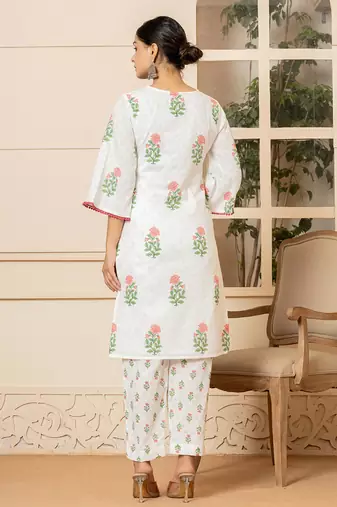  white and red cotton floral print kurta dupatta set