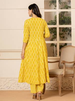  yellow embroidered pure cotton anarkali kurta trouser with dupatta set 3