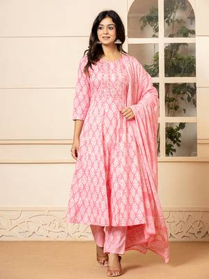  pink embroidered pure cotton anarkali kurta trouser with dupatta set 1