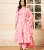  pink embroidered pure cotton anarkali kurta trouser with dupatta set