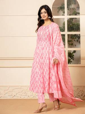  pink embroidered pure cotton anarkali kurta trouser with dupatta set 2