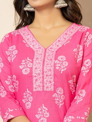  pink sequins work pure cotton straight kurta dupatta set 4