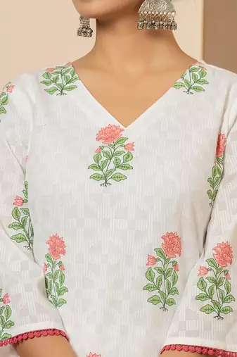  white and red cotton floral print kurta dupatta set
