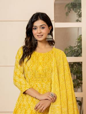  yellow embroidered pure cotton anarkali kurta trouser with dupatta set 4