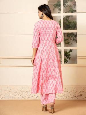  pink embroidered pure cotton anarkali kurta trouser with dupatta set 3